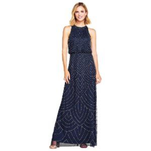 Adrianna Papell Women's Halter Art Deco Beaded Blouson Dress 12 Navy NWT